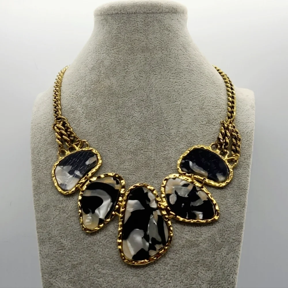 Vintage Estate Esmeray Black & White Shell Gold Statement Necklace